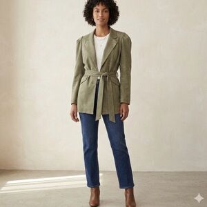 Solitaire Jacket Women's Large Faux Suede Jacket Blazer Sage Puff Sleeve Belt